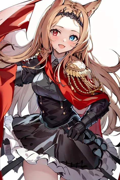 (masterpiece,  best quality:1.2),  novel illustration,  absurdres, Archetto-v1,
1girl, solo, heterochromia, blue eyes, red eyes, animal ears, long hair, red cape, dress, breasts, cape, simple background, black dress, looking at viewer, fang, open mouth, epaulettes, gloves, medium breasts, smile, cowboy shot, skin fang, very long hair, frills, black gloves, :d, white background, tiara, frilled dress,
<lora:Archetto-000024:0.9>