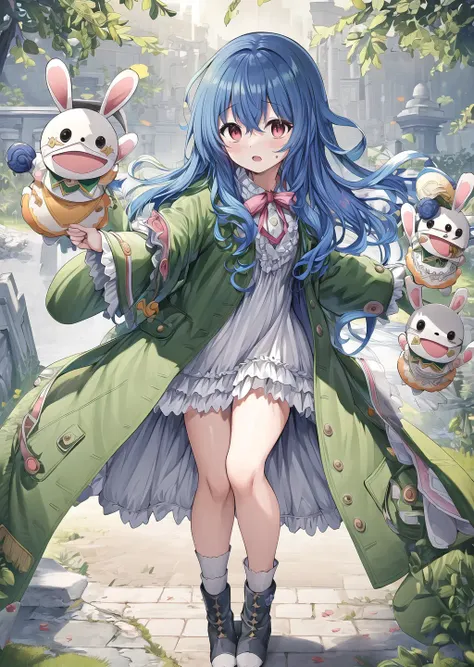 masterpiece, best quality,, ((masterpiece)), (((best quality))),((ultra-detailed)), ((illustration)) <lora:Yoshino:0.8>,full body,fight,green coat,rabbitr Doll