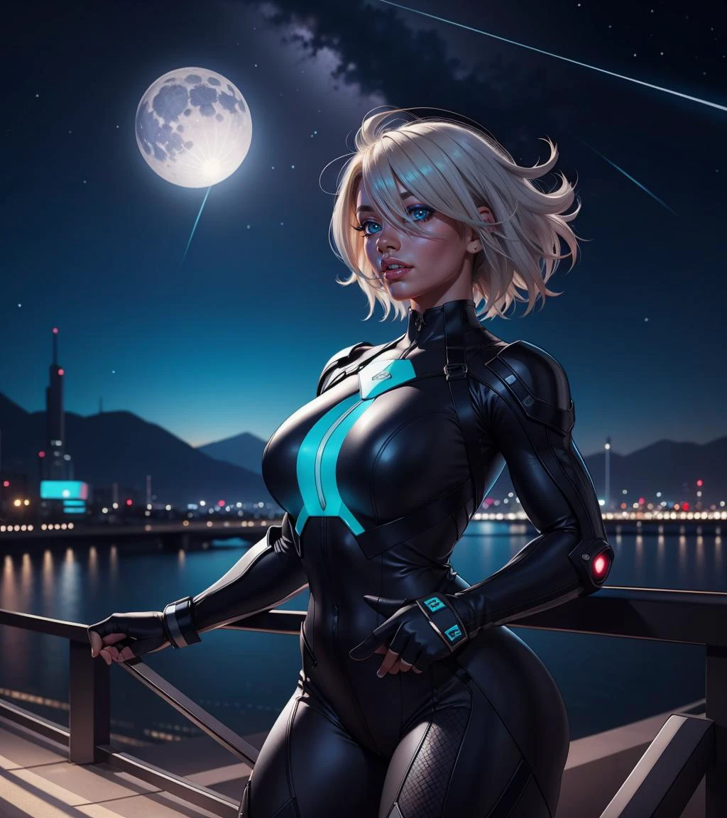 1girl, platinum blonde hair, medium hair, hair over one eye, aqua eyes, dynamic pose, variations,
solarpunk, retrofuturism, scenery, night, night sky,
masterpiece, best quality, <lora:muscle_slider_v1:1.5> <lora:age_slider_v6:-1> <lora:backlight_slider_v10:-1>