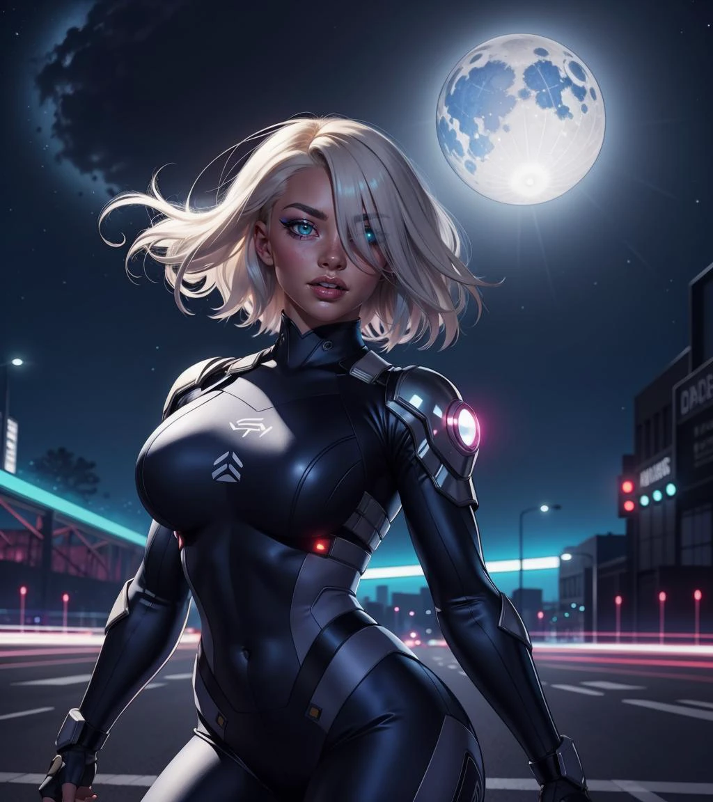 1girl, platinum blonde hair, medium hair, hair over one eye, aqua eyes, dynamic pose, variations, 
 solarpunk, retrofuturism, scenery,  night, night sky, 
masterpiece, best quality,  <lora:muscle_slider_v1:1.5> <lora:age_slider_v6:-1>  <lora:backlight_slider_v10:-1>