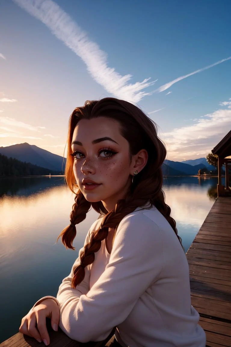 1girl, blush, braid, closed mouth, earrings, freckles, gradient, jewelry, long hair, long sleeves, looking at viewer, solo, twin braids, upper body
masterpiece, best quality, intricate details,
a wooden dock leading to a lake with a mountain in the background at sunset or dawn with clouds in the sky, lake, a picture, neo-romanticism
<lora:backlight_slider_v10:-1> <lora:contrast_slider_v10:3><lora:add_sharpness:1.0><lora:add_sharpness:1.0>