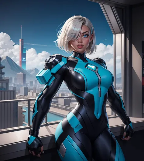 1girl, platinum blonde hair, medium hair, hair over one eye, aqua eyes, dynamic pose, variations, 
 solarpunk, retrofuturism, scenery, 
masterpiece, best quality,  <lora:muscle_slider_v1:1.5> <lora:age_slider_v6:-1>  <lora:backlight_slider_v10:-1>