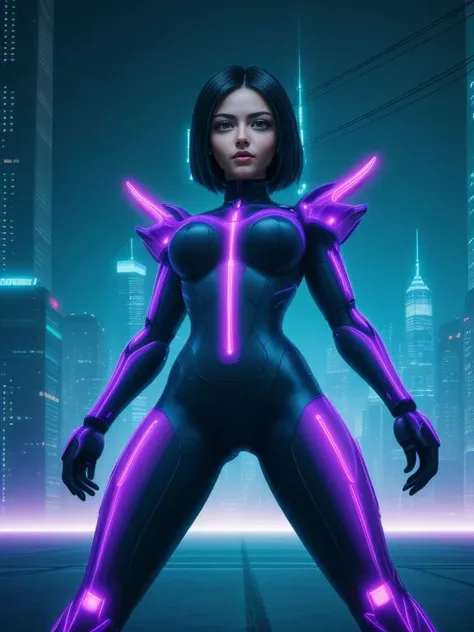 <lora:LCM_LoRA_Weights_SD15:0.8> 
(full body, low angle, futuristic,night city background, highly detailed, high contrast, vibrant colors:1.1),
cybernetic android battle Angel Alita,
in the style of Gai Qi,
revealing every curve and line of her lean athletic form,
charming and determined expression,
extremely large detailed eyes, AI, machine, metal, wires,
neon lights bathe her in a warm glow