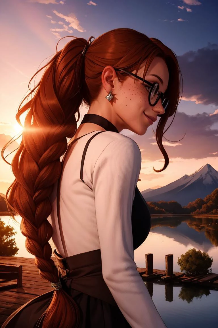 1girl, blush, closed mouth, earrings, freckles, gradient, jewelry, long hair, long sleeves, looking at viewer, solo, twin braids, upper body, black-framed eyewear, seductive smile, wind, floating hair, wavy hair, light smile, from behind, back,
masterpiece, best quality, intricate details,sunset,
a wooden dock leading to a lake with a mountain in the background at sunset or dawn with clouds in the sky, lake, a picture, neo-romanticism
<lora:backlight_slider_v10:-1> <lora:contrast_slider_v10:3><lora:add_sharpness:1.0><lora:add_sharpness:1.0>