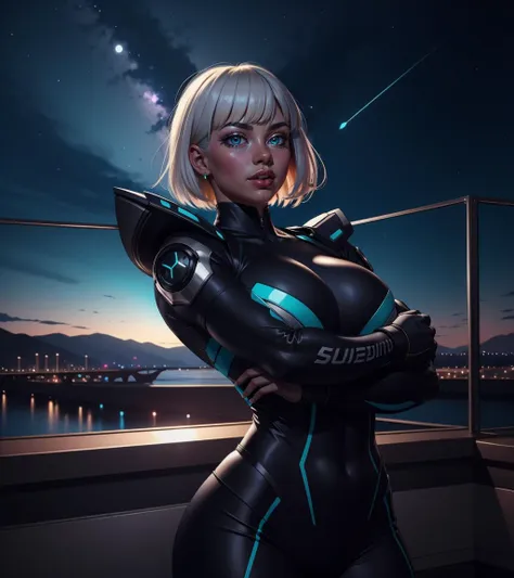 1girl, platinum blonde hair, medium hair, bangs,  aqua eyes, dynamic pose, variations, 
 solarpunk, retrofuturism, scenery,  night, night sky, 
masterpiece, best quality,  <lora:muscle_slider_v1:1.5> <lora:age_slider_v6:-1>  <lora:backlight_slider_v10:-1>