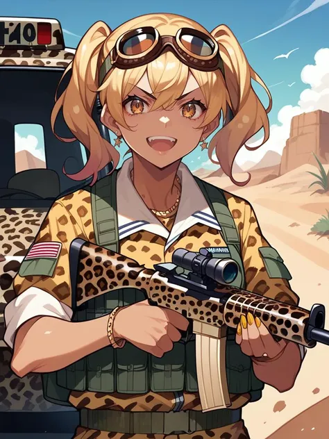 score_9,score_8_up,score_7_up,source_anime,1girl,<lora:leopard_p_pony:1>,leopard print,animal print,gyaru,twintail,soldier,holding rifle,goggles on head,open mouth smile,upper body,desert,accessories,smoke,pickup truck,evil smile,