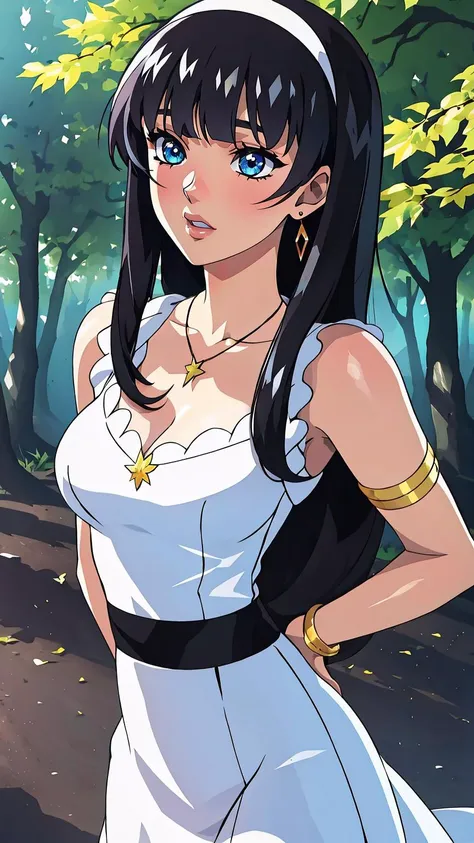 <lora:KajinKuji:0.8>, 1girl, armlet, bangs, blue eyes, blunt bangs, blurry, bracelet, breasts, , maple tree, cleavage, dress, earrings, forest, hairband, ((jewelry)), lips, long hair, nature, necklace, nose, outdoors, solo, tree, white dress, 
masterpiece, best quality, highres, ultra detail,   anime screencap, black outline,