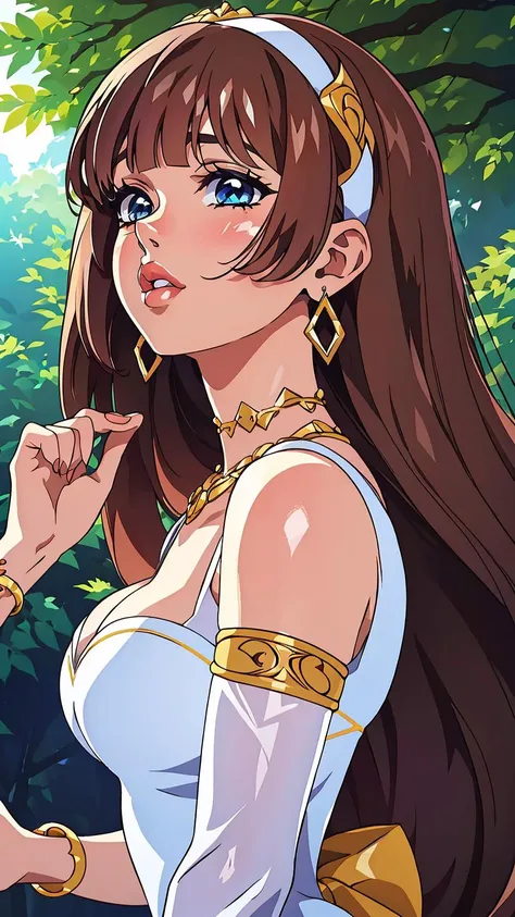 <lora:KajinKuji:0.7>, 1girl, armlet, light brown hair, bangs, blue eyes, blunt bangs, blurry, bracelet, breasts, maple tree, cleavage,satin dress, ornate clothes, (thick lips:1.5), long eyelashes, earrings, forest, hairband, ((jewelry)), lips, long hair, necklace, garden, tree, white dress, naughty face, from side, looking at viewer, hand on own cheek,
masterpiece, best quality, highres, ultra detail, anime screencap,