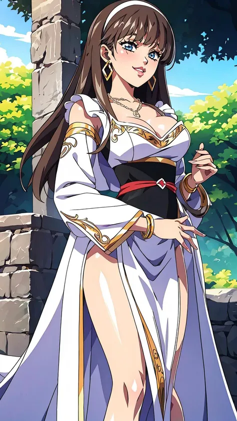 <lora:KajinKuji:0.8>, 1girl, armlet, light brown hair, bangs, blue eyes, blunt bangs, blurry, bracelet, breasts, maple tree, cleavage,satin dress, ornate clothes, earrings, forest, hairband, ((jewelry)), lips, long hair, necklace, garden, patio, tree, white dress, smile, stone wall,
masterpiece, best quality, highres, ultra detail, anime screencap, black outline,