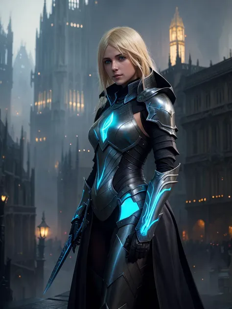 european woman, with medium length bright blonde hair and light blue eyes, sleek glossy black wraithbone armor, glowing magic, medieval city background, megacity, gorgeous view, realistic, high detail, digital art, painted by greg rutkowski, painted by jeremy mann, trending on artstation