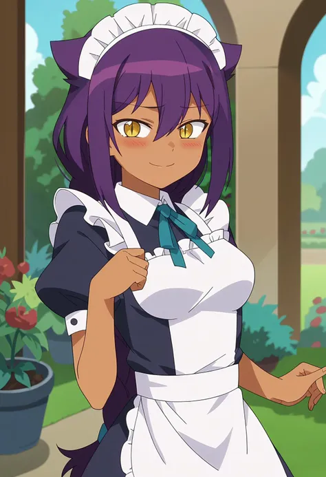 score_9, score_8_up, <lora:TheGreatJahySamaXL_Exotica:1>, 1girl, solo, very long purple hair, medium breasts, hair between eyes, yellow eyes, single braid, sidelocks, dark skin, dark-skinned female, slit pupils, hair flaps, maid outfit, maid, garden, blush, embarrassed smile, anime screencap, anime coloring, source_anime