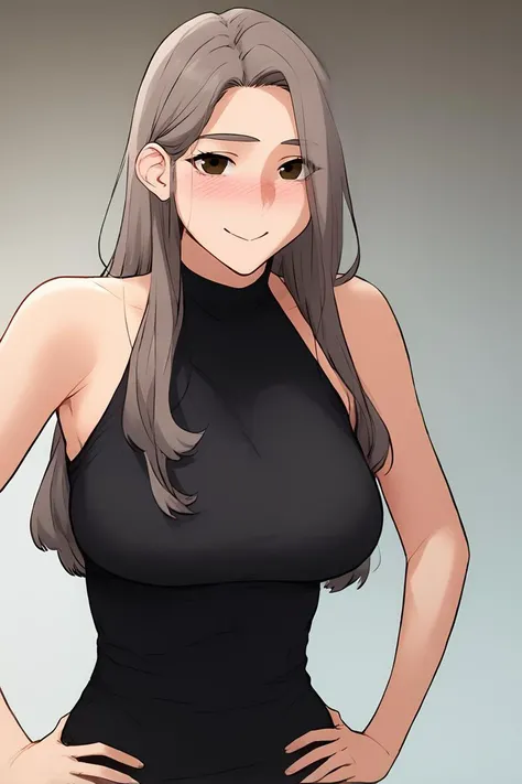 score_9, score_8_up, score_7_up, score_6_up, score_5_up, score_4_up, flat color, source_anime, 2d, BREAK.
standing, contrapposto, hands on own hips,
blush, looking at viewer, smile, BREAK.
upper body,
black dress, halter dress, short dress, sleeveless, BREAK.
joinah, 1girl, solo, brown eyes, grey hair, long hair, forehead, hair behind ear, large breasts,
<lora:Mobydick(Webtoon):1.3>, mobydickstyle,