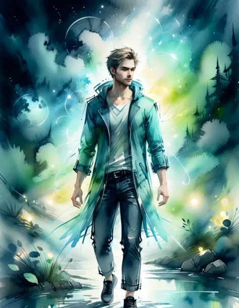 xslx, watercolor, pastel abstract male in a ethereal atmosphere at night, haze