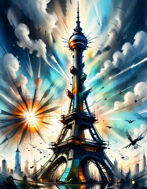 doodle, croquis, exciting kaleidoscopic skytower in a ethereal atmosphere at sundawn, smoke