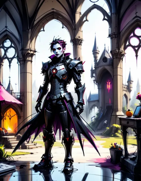 doodle, croquis, bright gothic cyborg in a whimsical environment at morning,