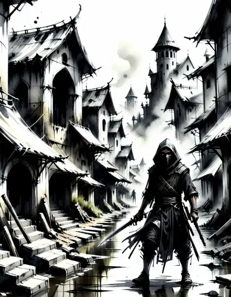 painting, watercolor, monochrome fantasy plague monk in a dystopian scenery at afternoon,