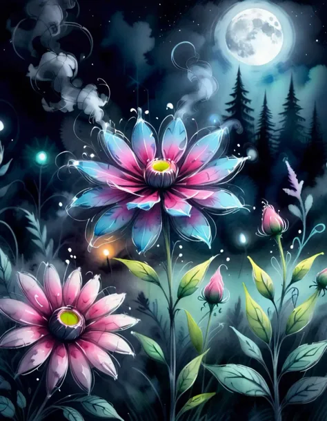 xslx, watercolor, pastel surreal flower in a serene atmosphere at night time, smoke