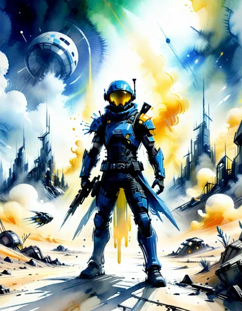xslx, watercolor, bright fantasy saboteur in a sci-fi atmosphere at noon, dust