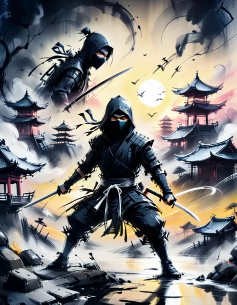 painting, croquis, dark surreal ninja in a ethereal atmosphere at sunrise,