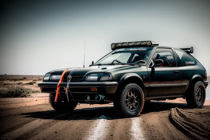 CIVIC6, ((OFF-ROAD RALLY)), 3 5 mm low angle photo mad max combat military black gt hot rod on a deserted post apocalyptic road, roof mounted rocket launchers, gta 5, rocket league, hyper detailed, rocket league, smooth, high contrast, volumetric lighting, octane, george miller, vibrant rich deep color, comic book <lora:CIVIC6:0.8>