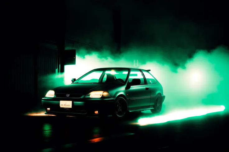 matte black CIVIC6 in dimly lit warehouse, neon lights, foggy warehouse at night, bokeh, depth of field, volumetric light, gobo light, 1 car, analog, portra 800 film, <lora:CIVIC6:0.8>