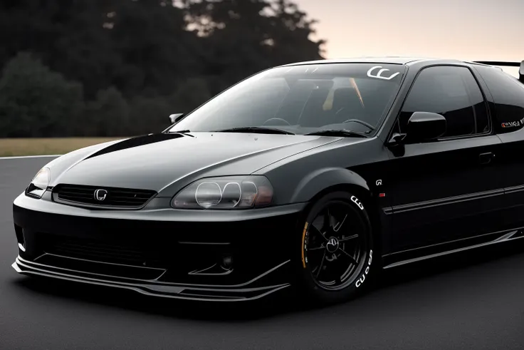 (CIVIC6), , GT spoiler, custom bumpers, black windows, car is vantage black, car lowered, realistic, 4k, race track in space, rendered in unreal engine, photorealistic, 8k uhd, dslr, soft lighting, high quality, film grain, Fujifilm XT3, <lora:CIVIC6:0.8>