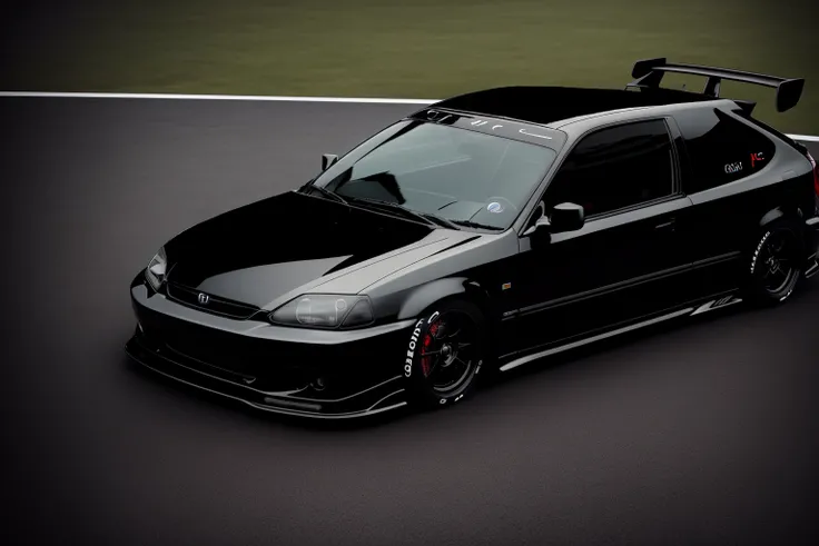 (CIVIC6), , GT spoiler, custom bumpers, black windows, car is vantage black, car lowered, realistic, 4k, race track in space, rendered in unreal engine, photorealistic, 8k uhd, dslr, soft lighting, high quality, film grain, Fujifilm XT3, <lora:CIVIC6:0.8>