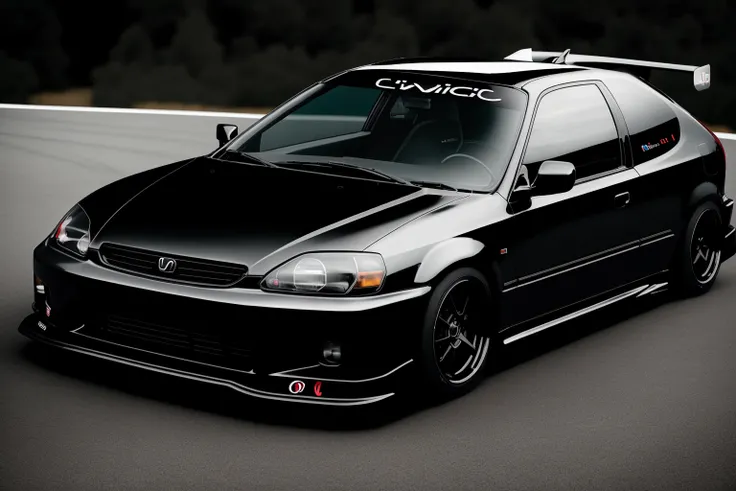 (CIVIC6), , GT spoiler, custom bumpers, black windows, car is vantage black, car lowered, realistic, 4k, race track in space, rendered in unreal engine, photorealistic, 8k uhd, dslr, soft lighting, high quality, film grain, Fujifilm XT3, <lora:CIVIC6:0.8>