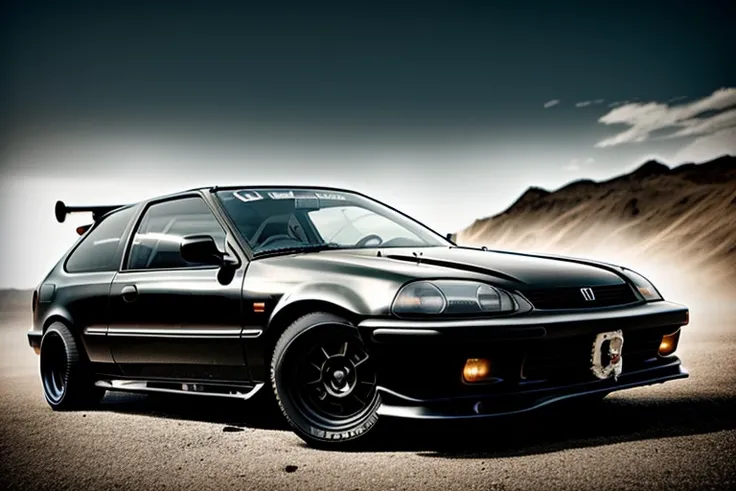 CIVIC6, 3 5 mm low angle photo mad max combat military black gt hot rod on a deserted post apocalyptic road, roof mounted rocket launchers, gta 5, rocket league, hyper detailed, rocket league, smooth, high contrast, volumetric lighting, octane, george miller, vibrant rich deep color, comic book <lora:CIVIC6:0.8>