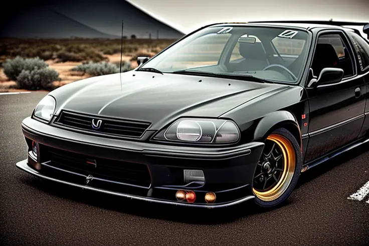 CIVIC6, 3 5 mm low angle photo mad max combat military black gt hot rod on a deserted post apocalyptic road, roof mounted rocket launchers, gta 5, rocket league, hyper detailed, rocket league, smooth, high contrast, volumetric lighting, octane, george miller, vibrant rich deep color, comic book <lora:CIVIC6:0.8>