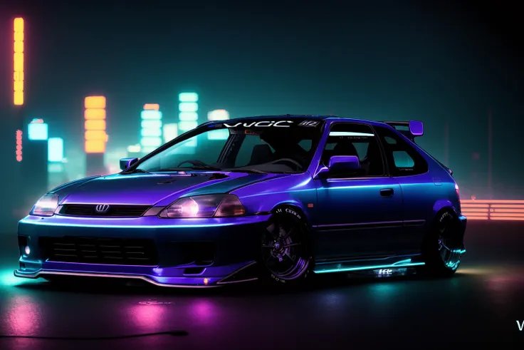 (CIVIC6), NFS 2012 wallpaper, neon ambiance, night city, gear mecha, detailed acrylic, grunge, intricate complexity, rendered in unreal engine, photorealistic, 8k uhd, dslr, soft lighting, high quality, film grain, Fujifilm XT3, <lora:CIVIC6:0.8>