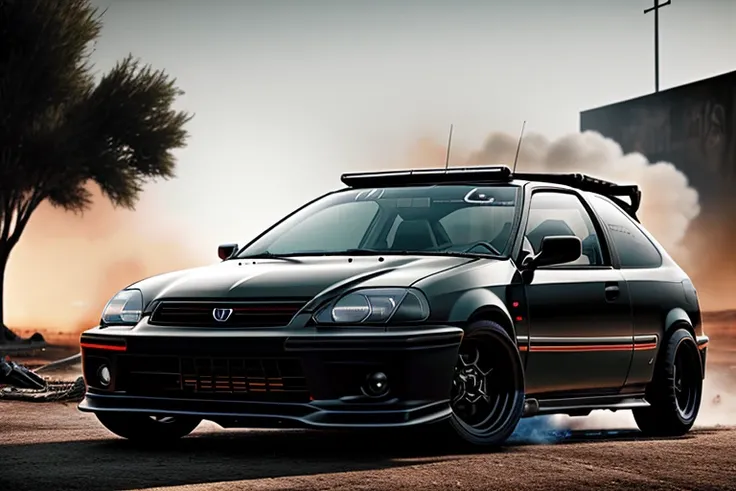CIVIC6, 3 5 mm low angle photo mad max combat military black gt hot rod on a deserted post apocalyptic road, roof mounted rocket launchers, gta 5, rocket league, hyper detailed, rocket league, smooth, high contrast, volumetric lighting, octane, george miller, vibrant rich deep color, comic book <lora:CIVIC6:0.8>