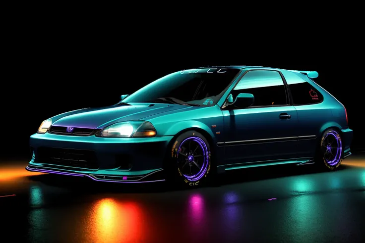 (CIVIC6), NFS 2012 wallpaper, neon ambiance, night city, gear mecha, detailed acrylic, grunge, intricate complexity, rendered in unreal engine, photorealistic, 8k uhd, dslr, soft lighting, high quality, film grain, Fujifilm XT3, <lora:CIVIC6:0.8>