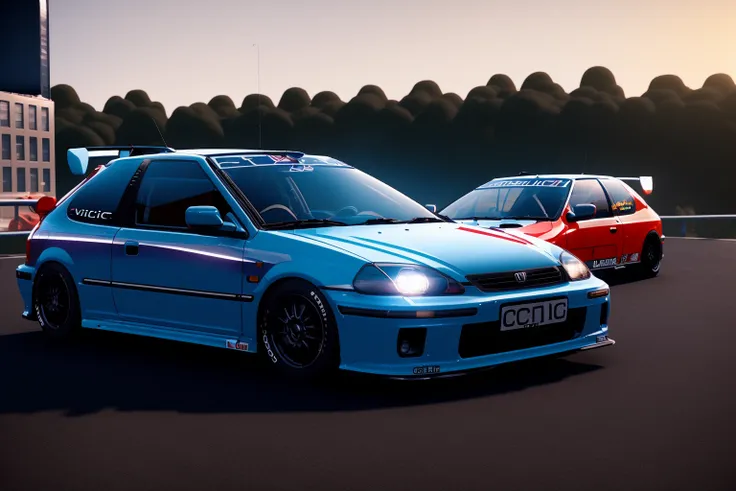 (CIVIC6), A rallye car race, in the city, rendered in unreal engine, photorealistic, 8k uhd, dslr, soft lighting, high quality, film grain, Fujifilm XT3, <lora:CIVIC6:0.8>