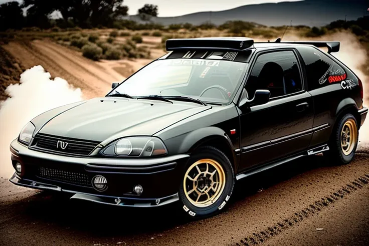 CIVIC6, ((OFF-ROAD RALLY)), 3 5 mm low angle photo mad max combat military black gt hot rod on a deserted post apocalyptic road, roof mounted rocket launchers, gta 5, rocket league, hyper detailed, rocket league, smooth, high contrast, volumetric lighting, octane, george miller, vibrant rich deep color, comic book <lora:CIVIC6:0.8>