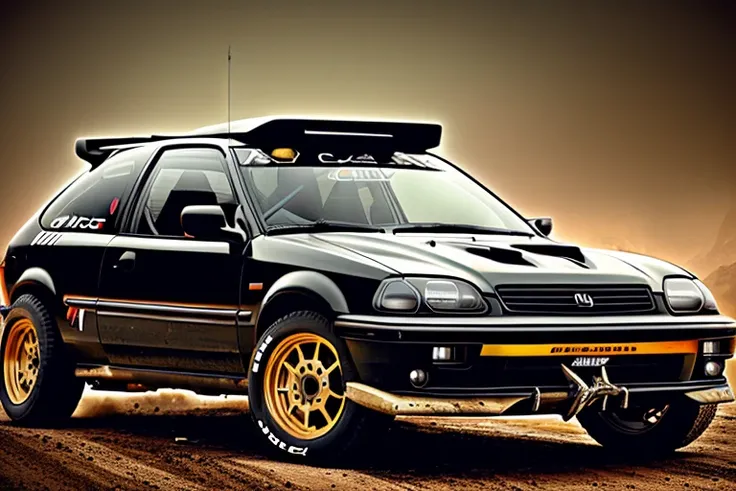 CIVIC6, ((OFF-ROAD RALLY)), 3 5 mm low angle photo mad max combat military black gt hot rod on a deserted post apocalyptic road, roof mounted rocket launchers, gta 5, rocket league, hyper detailed, rocket league, smooth, high contrast, volumetric lighting, octane, george miller, vibrant rich deep color, comic book <lora:CIVIC6:0.8>