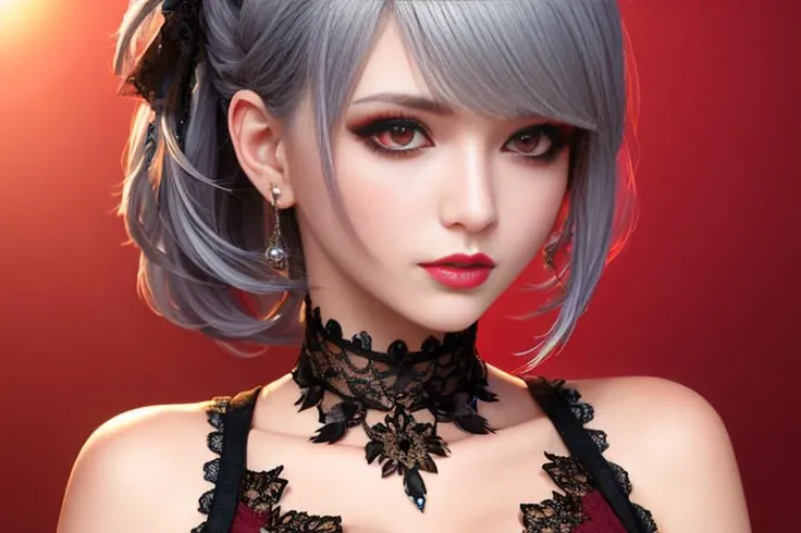 hyper realistic,  raw photography, 8k, masterwork,
1girl, (solo:1.4), goth girlfriend, 
ash grey hair, updo hairstyle, streaks of hair in face, red eyes, mascara, bags under eyes, saggy tits, cleavage, chocker, detailed texture, detailed lace,