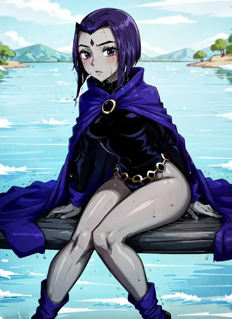 ((best quality)), ((highly detailed)), masterpiece, absurdres, (detailed eyes, deep eyes), <lora:more_details:.4>, (1girl), full body, <lora:RavenTT:.9>, RavenTT, purple hair, short hair, purple eyes, forehead jewel, (grey skin:1.4), small breasts, (blue cloak), long cloak, (black leotard), long sleeves, belt, bare legs, boots, (at a lake, partially submerged, <lora:WetHair:.6>, wet hair, afternoon)