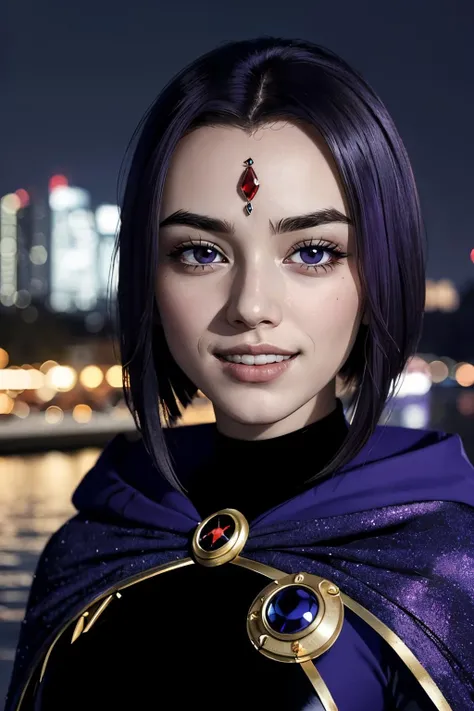 RavenTT, purple eyes,purple hair, red jewel in forehead, grey skin,blue cloak,black leotard,long sleeves, brooch,looking at viewer,serious, smiling, teeth, close up portrait,
outside, waterside, cityscape, dark, night, extreme detail, hdr, beautiful quality, <lora:RavenTT:.6>