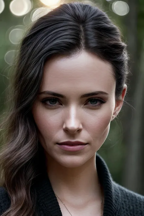 perfect cinematic shoot of a beautiful woman (EP3l1z4b3thTull0ch:.99), a woman standing at a forest edge, perfect high ponytail, wearing sexy gray (sweater), (eclipse in background:1.2), (detailed background:1.1), (face focus), modelshoot style, (extremely detailed CG unity 8k wallpaper), professional majestic (photography by Roberto Ferri:1.1), 24mm, exposure blend, hdr, extremely intricate, High (Detail:1.1), dramatic, soft cinematic light, (looking at viewer), (detailed pupils),8k, highly detailed, rich environment, 4k textures, soft cinematic light, elegant, ((((cinematic look)))), soothing tones, insane details, hyperdetailed, ("In Jernau we trust!":1.1)