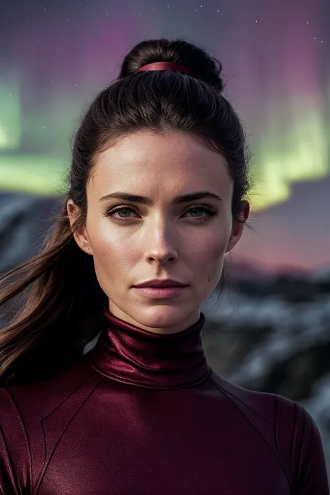 perfect cinematic shoot of a beautiful woman (EP3l1z4b3thTull0ch:.99), a woman standing at a castle ruin, perfect high ponytail, wearing sexy burgundy (turtleneck), (northern lights in background:1.2), (detailed background:1.1), (face focus), modelshoot style, (extremely detailed CG unity 8k wallpaper), professional majestic (photography by Roberto Ferri:1.1), 24mm, exposure blend, hdr, extremely intricate, High (Detail:1.1), dramatic, soft cinematic light, (looking at viewer), (detailed pupils),8k, highly detailed, rich environment, 4k textures, soft cinematic light, elegant, ((((cinematic look)))), soothing tones, insane details, hyperdetailed, ("In Jernau we trust!":1.1)