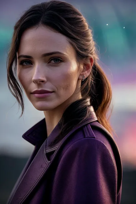 perfect cinematic shoot of a beautiful woman (EP3l1z4b3thTull0ch:.99), a woman standing at a castle ruin, perfect high ponytail, wearing sexy purple (coat), (northern lights in background:1.2), (detailed background:1.1), (face focus), modelshoot style, (extremely detailed CG unity 8k wallpaper), professional majestic (photography by Roberto Ferri:1.1), 24mm, exposure blend, hdr, extremely intricate, High (Detail:1.1), dramatic, soft cinematic light, (looking at viewer), (detailed pupils),8k, highly detailed, rich environment, 4k textures, soft cinematic light, elegant, ((((cinematic look)))), soothing tones, insane details, hyperdetailed, ("In Jernau we trust!":1.1)