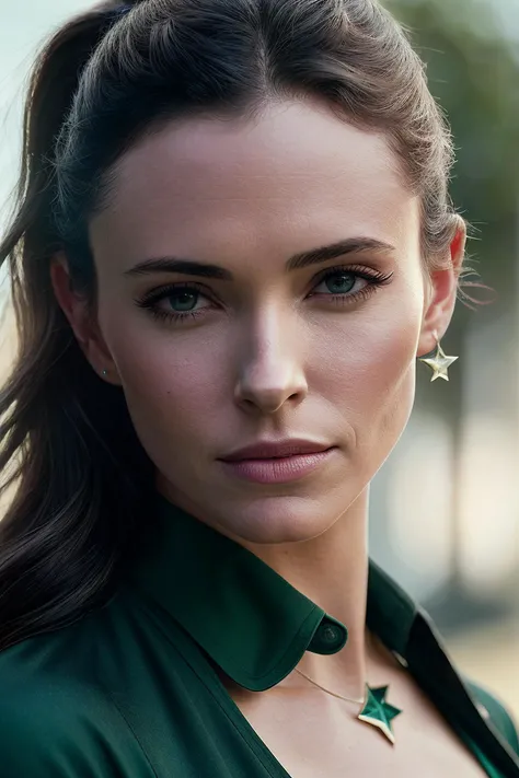perfect cinematic shoot of a beautiful woman (EP3l1z4b3thTull0ch:.99), a woman standing at a Quaint village square, perfect high ponytail, wearing sexy green (compressions shirt:1.2), (shooting star cascade in background:1.2), (detailed background:1.1), (face focus), modelshoot style, (extremely detailed CG unity 8k wallpaper), professional majestic (photography by Roberto Ferri:1.1), 24mm, exposure blend, hdr, extremely intricate, High (Detail:1.1), dramatic, soft cinematic light, (looking at viewer), (detailed pupils),8k, highly detailed, rich environment, 4k textures, soft cinematic light, elegant, ((((cinematic look)))), soothing tones, insane details, hyperdetailed, ("In Jernau we trust!":1.1)