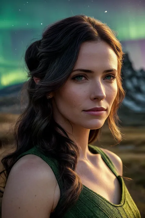 perfect cinematic shoot of a beautiful woman (EP3l1z4b3thTull0ch:.99), a woman standing at a castle ruin, perfect high ponytail, wearing sexy green (dress), (northern lights in background:1.2), (detailed background:1.1), (face focus), modelshoot style, (extremely detailed CG unity 8k wallpaper), professional majestic (photography by Roberto Ferri:1.1), 24mm, exposure blend, hdr, extremely intricate, High (Detail:1.1), dramatic, soft cinematic light, (looking at viewer), (detailed pupils),8k, highly detailed, rich environment, 4k textures, soft cinematic light, elegant, ((((cinematic look)))), soothing tones, insane details, hyperdetailed, ("In Jernau we trust!":1.1)