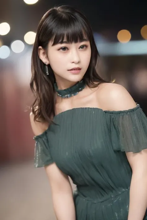 masterpiece, best quality, HD , photorealistic, Super detailed, fine details, High resolution, 8K,wall paper, perfect dynamic composition,(Details High quality, realistic depiction of eyes:1.3), Nightime, tokyo hi fashion street, neon lights, singages, ray tracing, a beautiful girl wearing a Luxurious designerwear shimmering green dress with pearls and crystals, emerald dress, standing in a model pose in front of Louis Vuitton showroom, Features a relaxed and relaxed silhouette., extremely long golden silky hairs, straight hairs with bangs in front, Big Natural Color Lip, (perfect body style), long slender legs, small breasts, sexy pose, crying a little、cold gaze, Harajuku style、20 year old girl、cute type、lolita, hposing Gravure Idol, full body photo