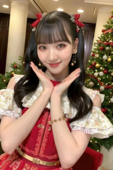 masterpiece,beautiful,extremely detailed,finely detailed,exquisite,(ultra high res),(8k UHD best quality), (realistic, photo-realistic:1.37), depth_of,blurry_background, photo_inset,Dramatic lighting,reference_inset,photo_background,photorealistic,looking_at_viewer,1girl,detailed skin,shiny skin,smile,romantic hotel lobby,christmas tree behind,(((dress))),(((upper body))),ouka <lora:ouka suenaga:1>