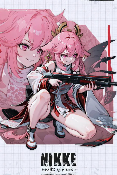 1girl, IncrsNikkeProfile, <lora:NikkeProfile:1>, full body, zoom layer, holding weapon, holding gun, one knee, yae miko, pink eyes, long hair, pink hair, animal ears, <lora:Char_GenshinImpact_YaeMiko:1>, smirk,