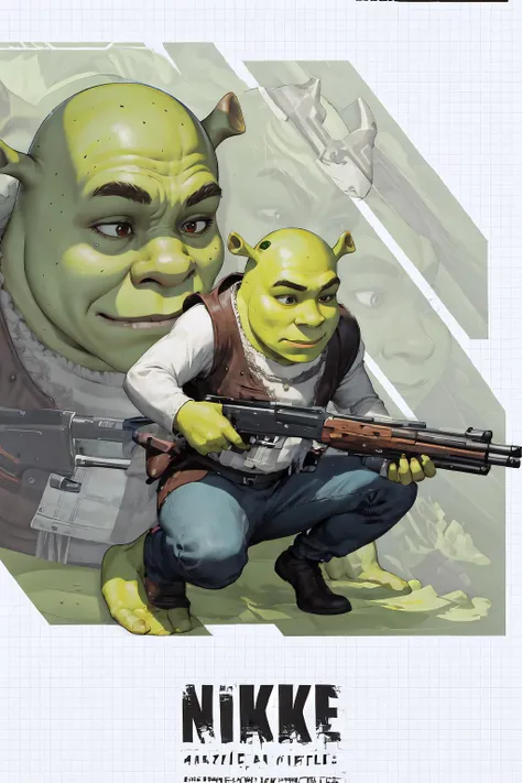 1boy, IncrsNikkeProfile, <lora:NikkeProfile:1>, full body, zoom layer, holding weapon, holding gun, one knee, shrex, green skin, ogre, shrek, <lora:Char_Sigmas_Shrek:0.9>, smirk,