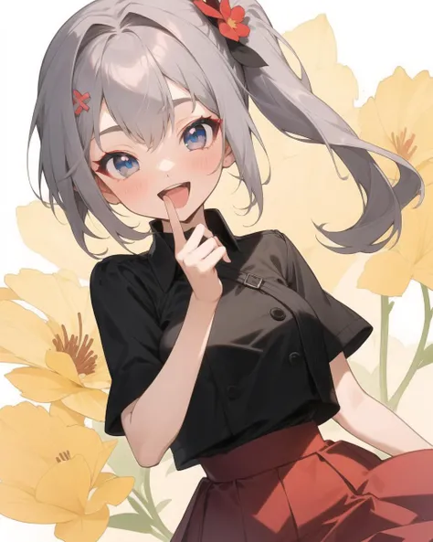 ((masterpiece)), (best quality), detailed, 1girl, :d, bangs, black flower, black jacket, blush, flower, grey hair, hair flower, hair ornament, high-waist skirt, jacket, long hair, looking at viewer, mutsuki, open mouth, blue eyes, red skirt, short sleeves, side ponytail, skirt, smile, solo, face focus,
,RedEyeLiner,<lora:RedEyeLiner-v1.32-000014:0.5:1,0,0,0,0,0,0,0,0,0,0,0.8,3.0,1.7,0,0,0>,