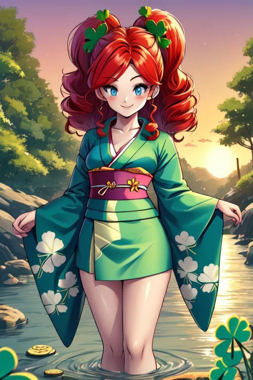 clover, four-leaf clover, light particles, Green color kimono, toriyama akira, Red hair, Freckles, bttrfrckl, Clover Kimono, gold coins, gold coins on ground, Irish, mega twintails, Adult, medium breasts, cleavage, floral print kimono, breasts,
Smiling, closed mouth, Irish Kimono, Green Kimono, four-leaf-clover kimono, Curly hair, Blue Eyes, Happy, surprise, Forest background, closed mouth, sunset, river, skirt, legs, solo, 1girl, sarashi, perfect eyes,